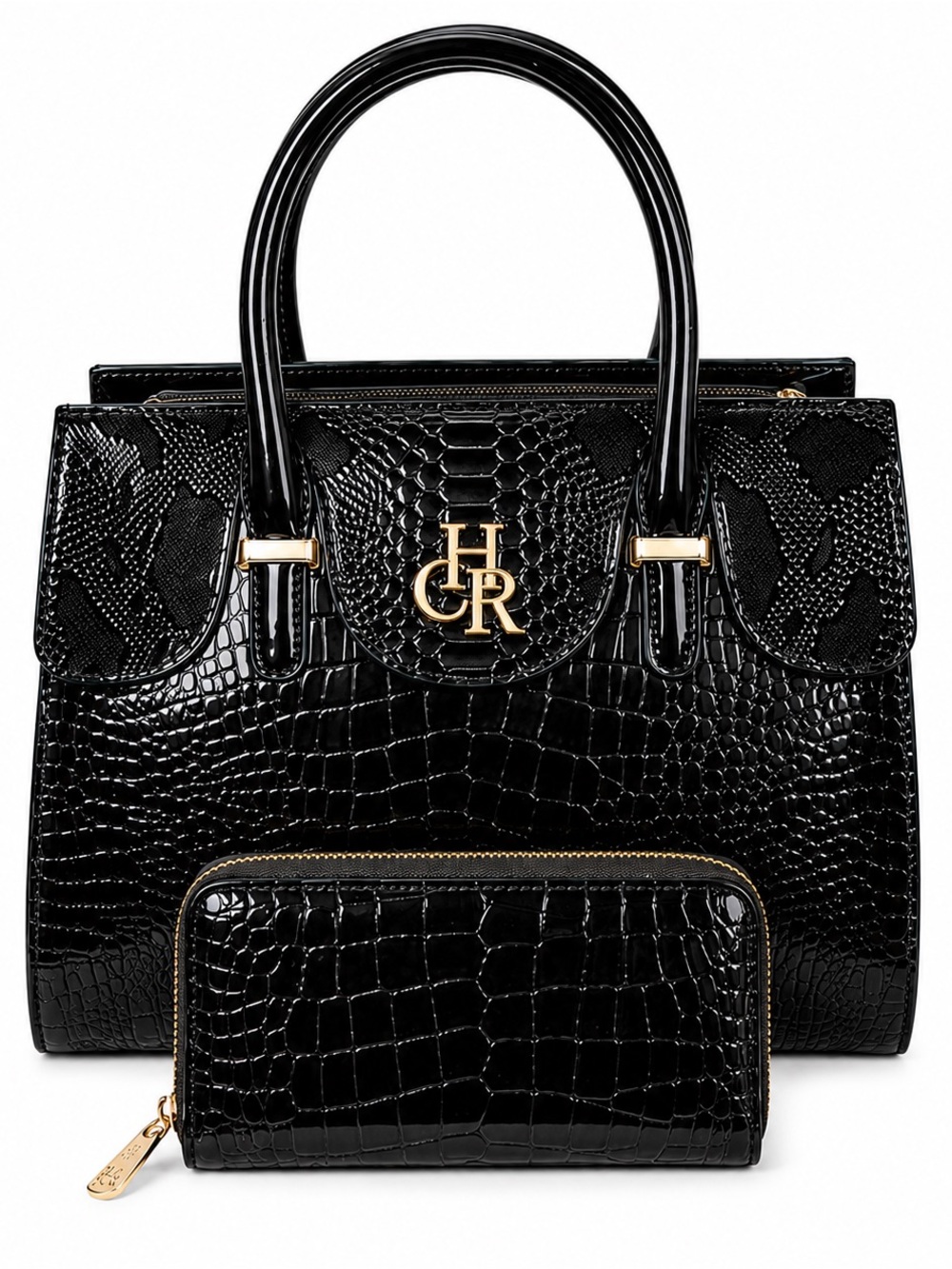 Elegant Luxury Handbag Set in Black Croc-Embossed leather